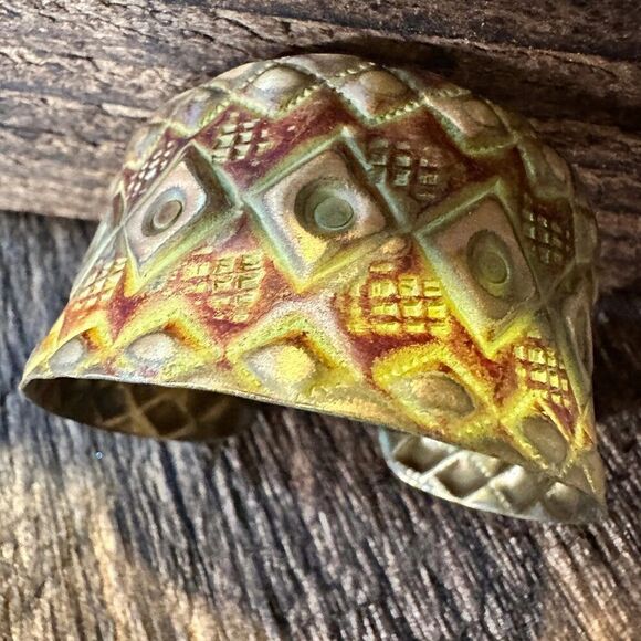 Handcrafted Artesian Boho Brass Patina Bracelet, Burnt Orange Diamonds and Squa - Picture 4 of 7